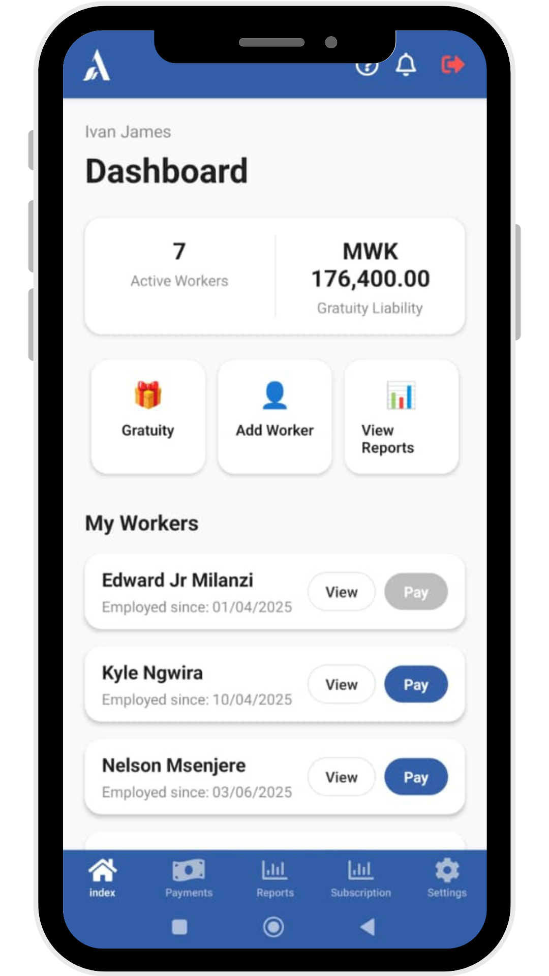 Antchito App Dashboard Screen showing worker list and summary