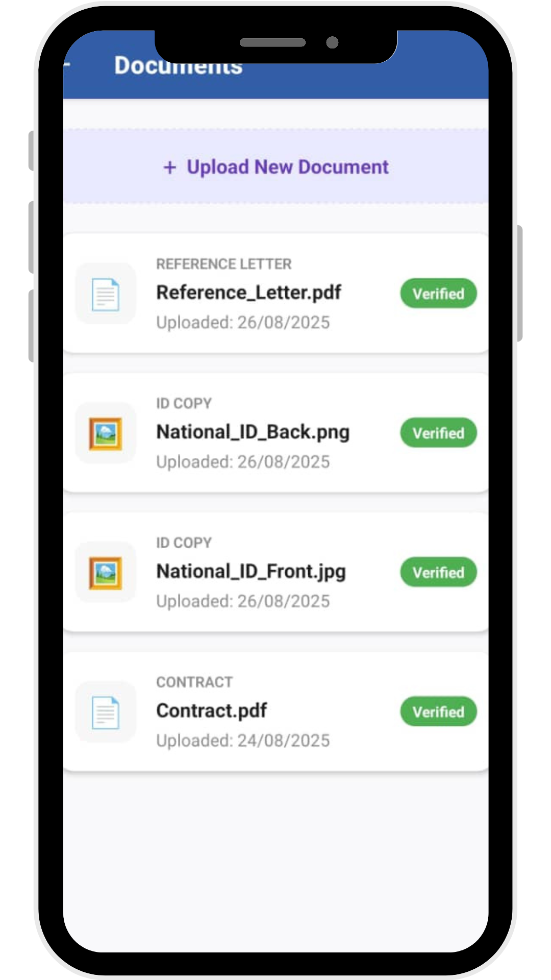 Antchito App Documents Screen showing uploaded documents