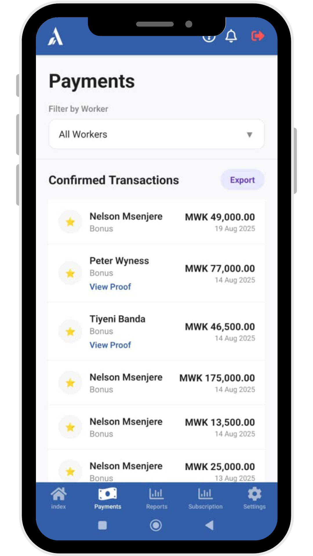 Antchito App Payments Screen showing payments history